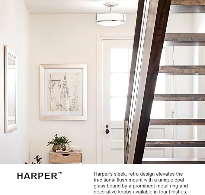 Hinkley Harper 3641CM Medium Semi-Flush Mount Ceiling Light - Sleek, Retro Style - Chrome + Etched Opal Glass