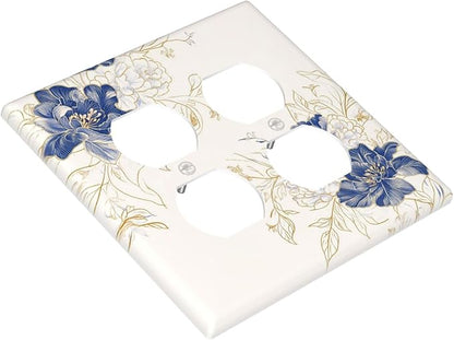 Decorative Outlet Covers Rustic Blue Flower Floral Gold Leaf 2 Gang Light Switch Cover Plate Double Duplex Wall Plates for Electrical Outlets Switch Plate Covers for Bedroom Home Decor