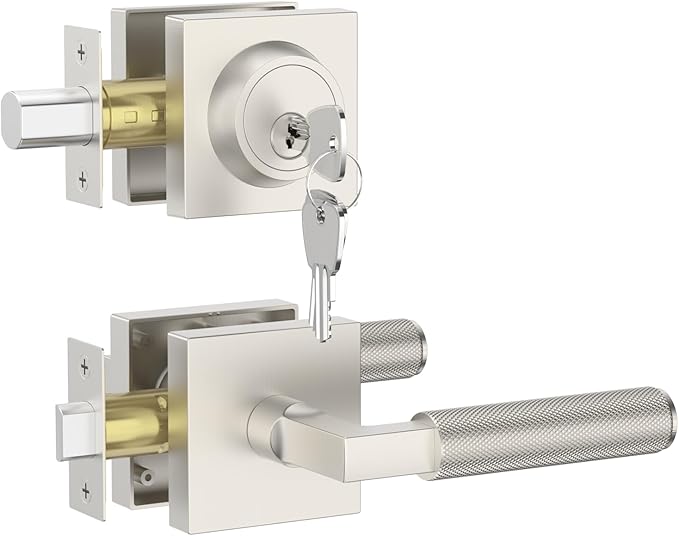 Asidrama Premium Brushed Satin Nickel Zinc-Alloy Front Door Lock Set: Double Cylinder Deadbolt, Heavy Duty Security Handleset for Left/Right Exterior Doors, Universal Entry Locks (1 Pack)