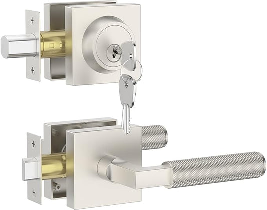 Asidrama Premium Brushed Satin Nickel Zinc-Alloy Front Door Lock Set: Double Cylinder Deadbolt, Heavy Duty Security Handleset for Left/Right Exterior Doors, Universal Entry Locks (2 Pack)
