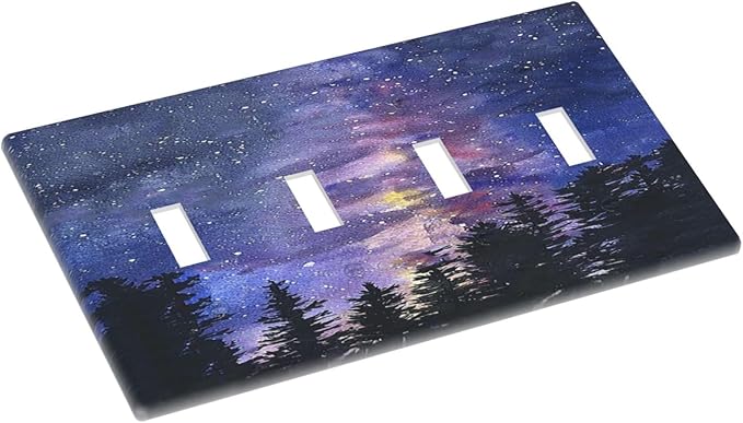 Light Switch Covers Dream Milky Way Starry Forest Pine Watercolor Painting Quad Toggle 4 Gang Wall Plate Electrical Faceplate Decorative Switch Plates for Bedroom Home Decor
