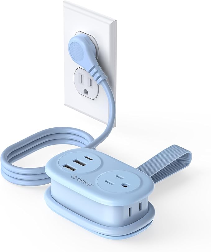 ORICO Pocket Power Strip for Travel, 5 in 1 Extension Cord with 2 AC Outlets 2 USB-A and 1 USB-C Ports, 3.7 ft Flat Plug Wrapped Around Power Strip for Cruise Office, Hotel, Home- AP3