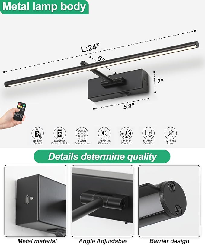 Battery Operated Picture Light with Wireless Remote 3CCT Dimmable Black Wall Art Lights for Paintings Rechargeable Home Decor Gallery Light 24’‘ Artwork Lighting for Canvas Timer Function