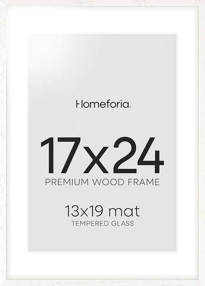 Homeforia 17x24 White Picture Frame, High End Oak 17x24 White Wooden Poster Frames with Mat 13x19 for Print, 17 x 24 Wood Frame Matted to 13 x 19 Photo, 24x17 Frame, Tempered Glass, Wall Kit, Set of 1