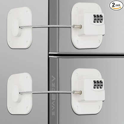 Refrigerator Lock, Heavy Duty Fridge Lock, Combination Lock for Fridge, Cabinets, Window, Drawers and Child Safety Cabinet Locks, No Drilling, Easy Install, No Keys Needed, 2 Pack, White