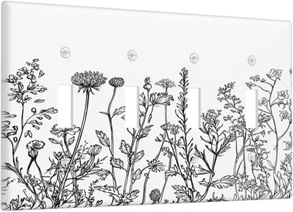 Light Switch Covers Floral Wildflower Rustic Plant Leaves Quad Toggle Electrical Faceplate 4 Gang Wall Plate Decorative Switch Plates For Farmhouse Cabin Decor