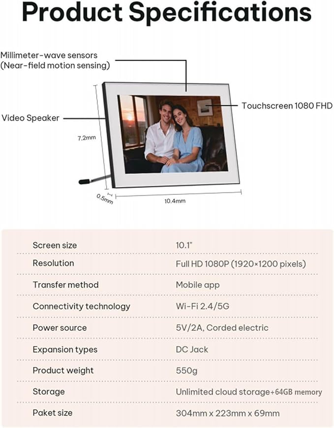 AI Magic Frame 10.1"-WiFi Digital Picture Frame with 64GB,1920 x 1200 IPS FHD TouchScreen,Motion Sensor,Dynamic AI Photo,Unlimited Cloud Storage, Gifts for Christmas/Birthday/Family/Home Decor
