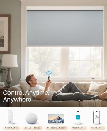 Smart Roller Shades for Windows, Alexa Blackout Motorized Blinds with Remote Control, Easy Install Automatic Electric Blinds for Indoor (59" W x 72" H, Gray Fabric & White Shell)