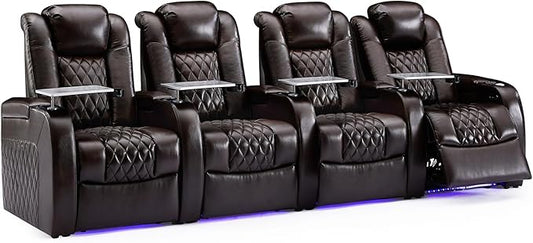Weilianda Home Theater Seating Top Grain Leather Zero Gravity Recliner Chair Power Headrest Recline Movie Seat Gaming 7 Colors Mood Light Sofa with Tray Table USB Charge Row of 4 Brown