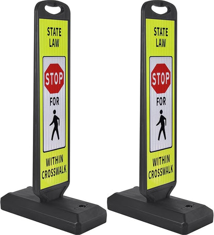 2 Pack 43" x 9.6" inch Double Sided Pedestrian Crosswalk Sign, 21.8" x 9.6" x 4" Durable HDPE Water Filled Base, Portable High Visibility Reflective Traffic Safety Parking STOP Signs (Yellow Green-2Pack)