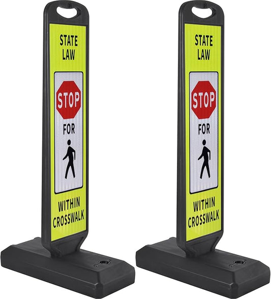 2 Pack 43" x 9.6" inch Double Sided Pedestrian Crosswalk Sign, 21.8" x 9.6" x 4" Durable HDPE Water Filled Base, Portable High Visibility Reflective Traffic Safety Parking STOP Signs (Yellow Green-2Pack)