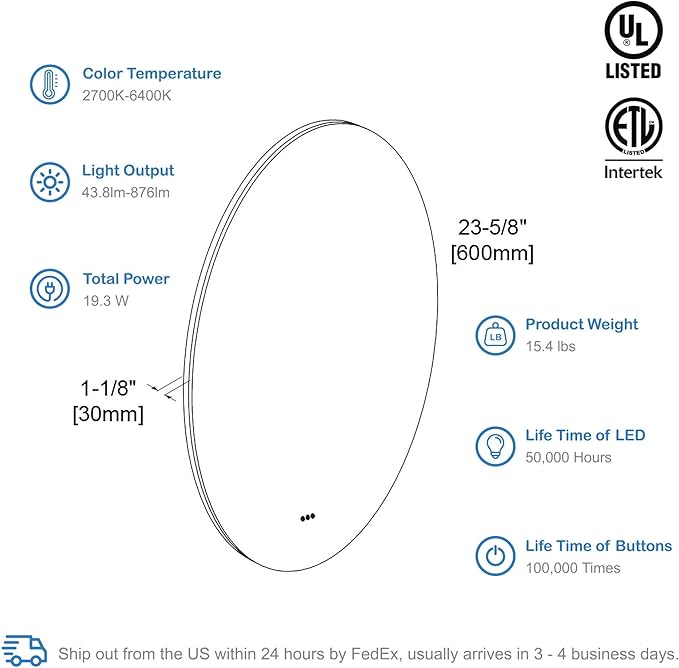 Blossom 24 Inches Large Modern LED Round Bathroom Vanity Mirror, Color Temperature Adjustable, Anti-Fog Dimmable Lights, Easy to Install, Wall Mounted Makeup Mirror with Smart Touch Button