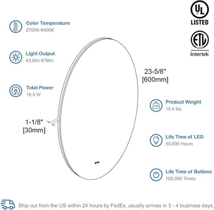 Blossom 24 Inches Large Modern LED Round Bathroom Vanity Mirror, Color Temperature Adjustable, Anti-Fog Dimmable Lights, Easy to Install, Wall Mounted Makeup Mirror with Smart Touch Button