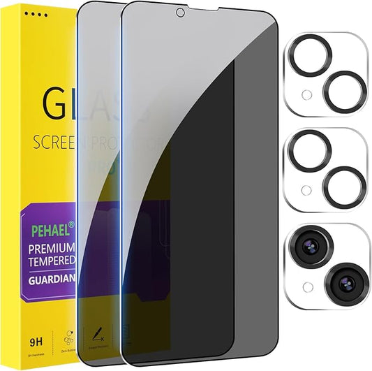PEHAEL 2+2Pack for iPhone 14 Privacy Screen Protector with Camera Lens Protector Full Coverage Anti-Spy Tempered Glass Film 9H Hardness Easy Installation Bubble Free [6.1 inch]