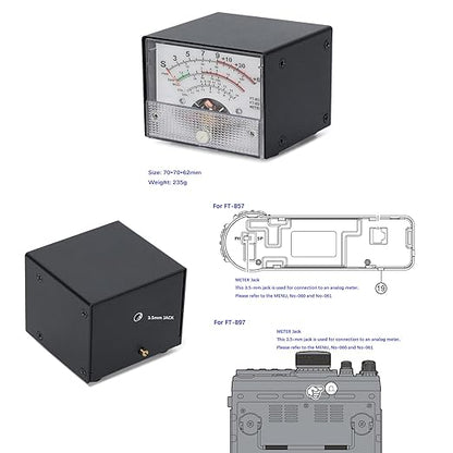 FT-857/FT-897 Analog Panel Meter, Black, Multi-Function S-Meter/PWR/SWR Display, 70x70x62mm, with 3.5mm Jack Connection