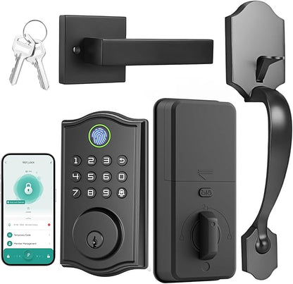 Smart Front Door Lockset, Keyless Entry Deadbolt with Handle, Fingerprint/App/Code/Key Unlock, Anti-Peeping Keypad, Auto-Lock, Easy Install