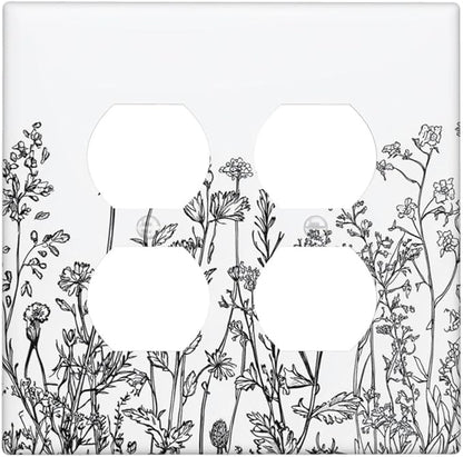 Outlet Covers Floral Wildflower Rustic Plant Leaves 2 Gang Double Duplex Decorative Light Switch Covers Electrical Wallplates Socket Faceplate For Farmhouse Cabin Decor