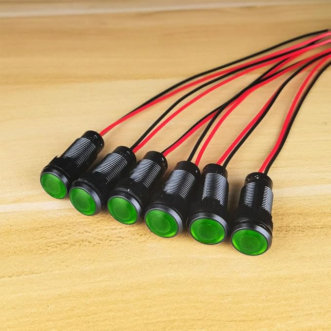 6pcs Green LED Indicator Pilot Light AC/DC 12-24V Mounting Hole Size 10mm(Flame Retardant Plastic Shell)