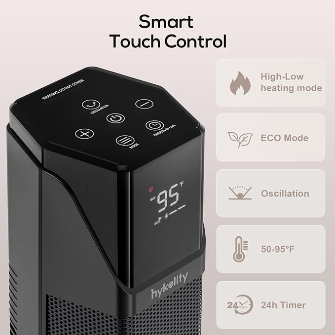 Hykolity Space Heater Large Room, 30" Electric Heaters for Indoor Use with Thermostat and Remote,70° Oscillation, 24H Timer, 1500W Fast Heating Portable Heaters for Office, Bedroom, Home - Black