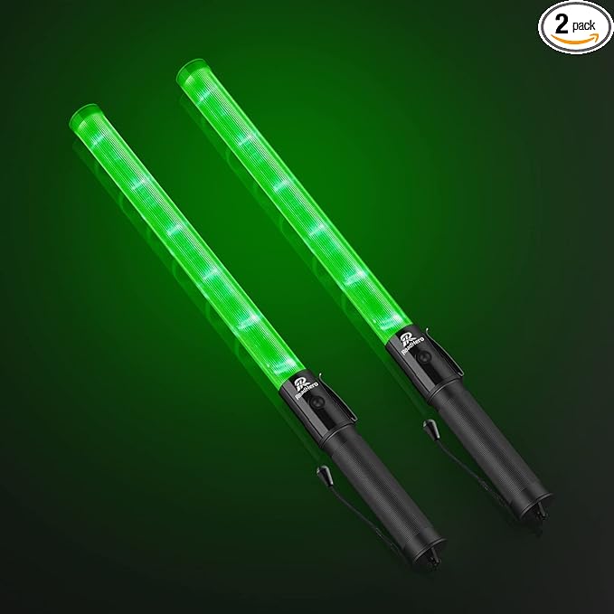 RoadHero 2 Pack 21 Inch Traffic Wands, Green Led Traffic Control Baton, Night Safety Light Wand with 2 Flashing Modes, Air Marshaling Signal Wand with Side Clip for Airport, Parking, Car Directing