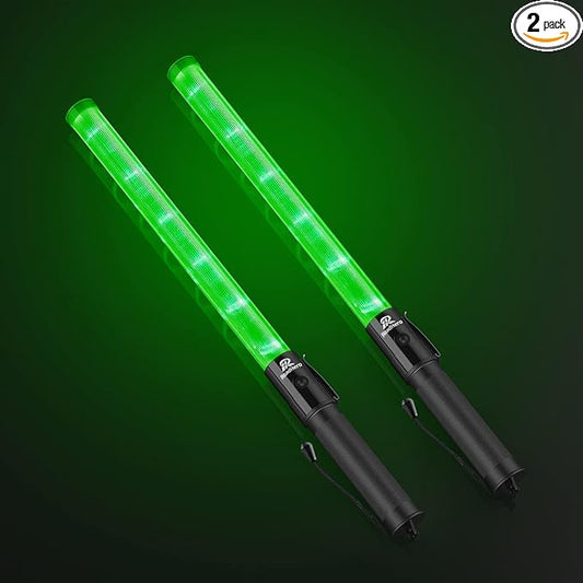 RoadHero 2 Pack 21 Inch Traffic Wands, Green Led Traffic Control Baton, Night Safety Light Wand with 2 Flashing Modes, Air Marshaling Signal Wand with Side Clip for Airport, Parking, Car Directing