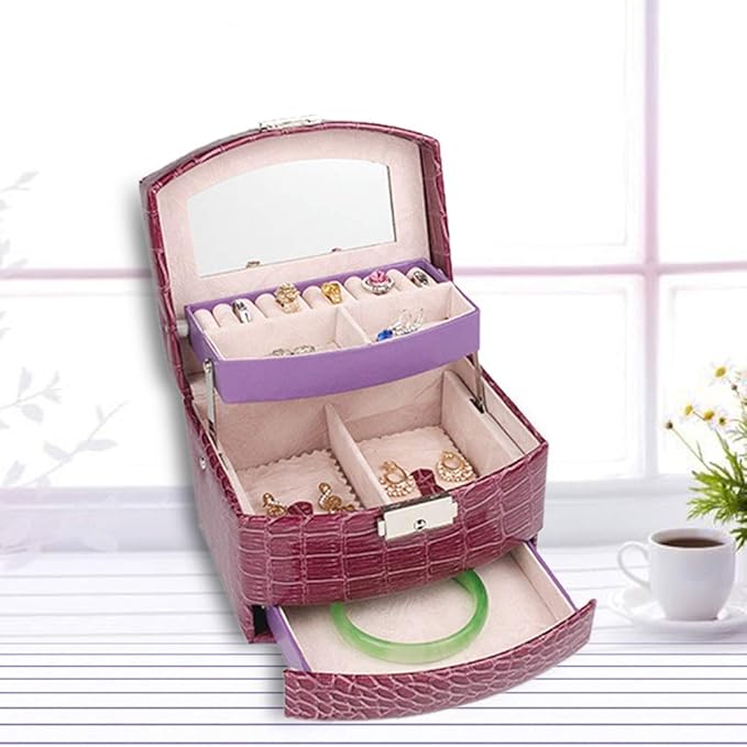 Portable Jewelry Box Organizer, Multi Layer Storage Case for Rings Earrings Necklaces, Purple PU Leather Jewelry Organizer with Mirror, 3 Drawers Travel Jewelry Box for Women Girls