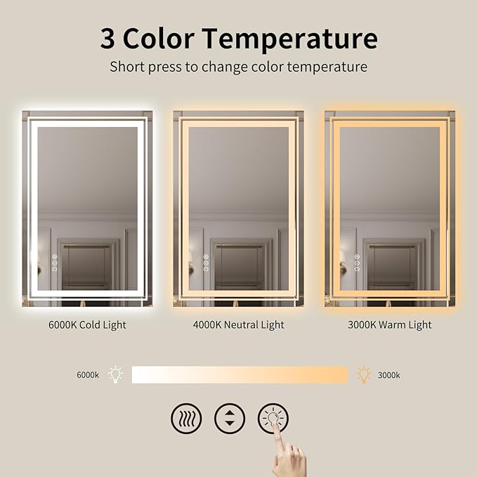 WTTY LED Bathroom Mirror, 24 x 32 with Backlit and Front Light,Stepless Dimmable LED Mirror for Bathroom,Anti-Fog Lighted Bathroom Vanity Mirror Modern for Wall,Memory Function,Shatter-Proof