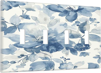Light Switch Covers Blue Watercolor Floral Quad Toggle Electrical Faceplate 4 Gang Wall Plate Decorative Switch Plates for Bedroom Bathroom Decor