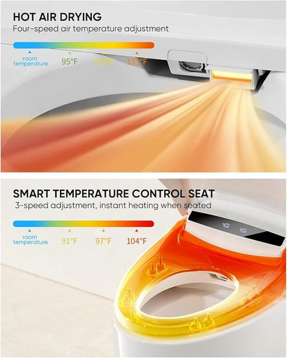 TDH Smart Toilet, Tankless Toilets with Foot Sensor Operation, Heated ToiletSeat with Warm Water Sprayer and Dryer, LED Display with Fahrenheit, Round Toilet Seat