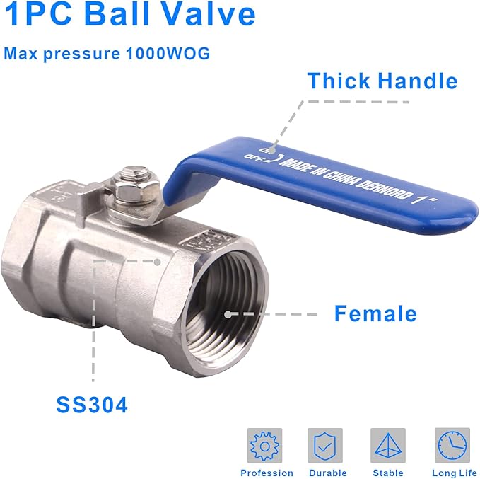 DERNORD Stainless Steel Ball Valve 1PC Type 1 Inch NPT Standard Port for Water, Oil, and Gas (1 Inch Ball Valve)