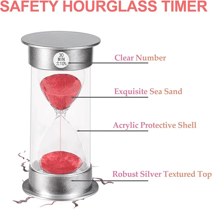 SuLiao Hourglass Sand Timer 30Sec 1 3 5 10 30 Minutes Set, Plastic Large Unbreakable Sand Watch Clock, Colorful Hour Glass Sandglass for Kids, Classroom, Games, Kitchen（Pack of 6）