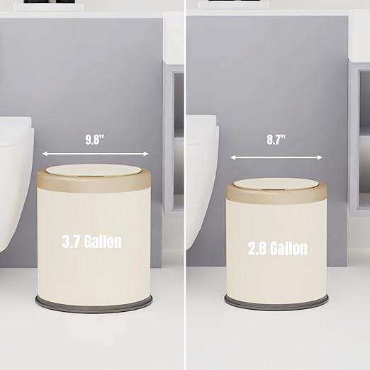 URALFA 2Pack Bathroom Trash Can with Lid, Small Garbage Can Dog Proof, Plastic Waste Basket with Pop-up Lid for Toilet, Office, Bedroom, Living Room, 2.8 Gallon + 3.7 Gallon (Cream White)