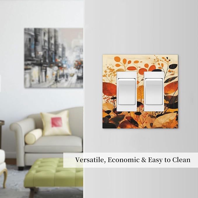 Decorative Outlet Covers Boho Warm Colorful Plant Leaves 2 Gang Double GFCI Rocker Electrical Wall Panels Light Switch Cover Plate for Bedroom living Room Decor