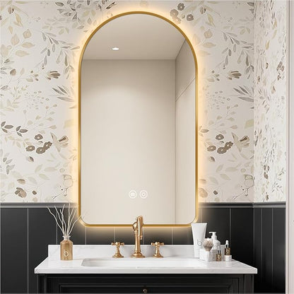 40"L x 30"W Arched LED Bathroom Mirror, Brushed Gold Frame, Backlit Vanity Mirror with Lights, Wall Mounted Lighted Mirror, Dimmable 3-Color Shatter-Proof Arch Smart Mirror, UL-Listed, CRI≥93
