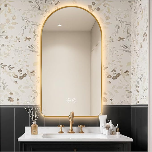 40"L x 30"W Arched LED Bathroom Mirror, Brushed Gold Frame, Backlit Vanity Mirror with Lights, Wall Mounted Lighted Mirror, Dimmable 3-Color Shatter-Proof Arch Smart Mirror, UL-Listed, CRI≥93