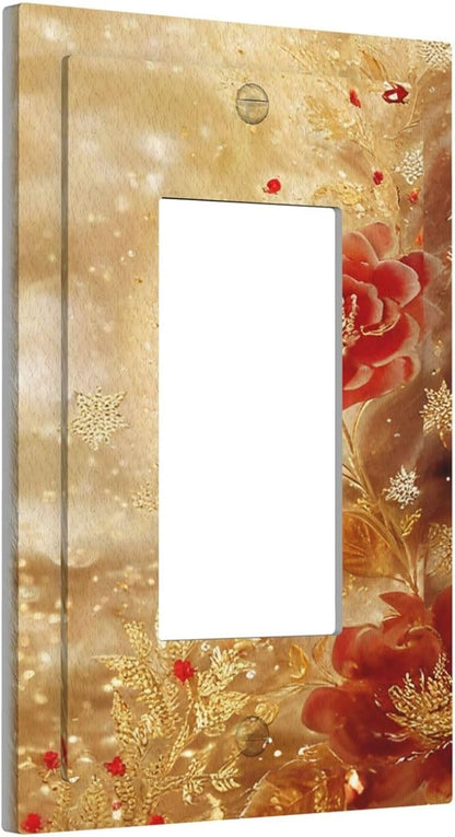 Decorative Outlet Covers Golden Leaf Red Peony Flowers Floral 1 Gang Single Decora GFCI Device Light Switch Covers Plate 1 Rocker Wall Plate Jumbo Faceplate for Home Decor