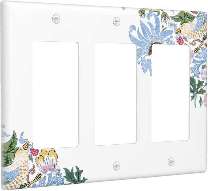 Decorative Outlet Covers Retro Morris Strawberry Rustic Plant Bird 3 Gang Wall Plate Triple Rocker Light Switch Cover Plate Jumbo Electrical GFCI Faceplate for Bedroom Decor
