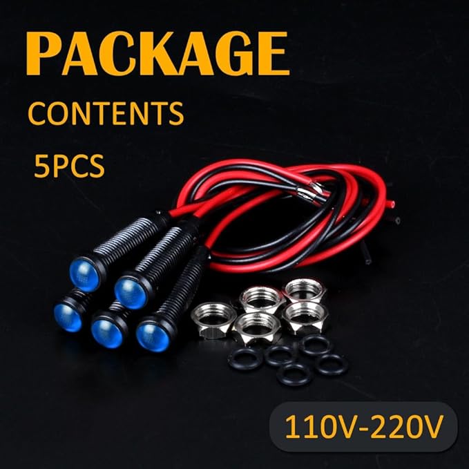 5pcs 6mm LED Indicator Light Plastic Black Signal Dot Lamp 110-220V AC 1/4" Mounting Hole Size with 15cm/5.9in. Wire (Blue LED)