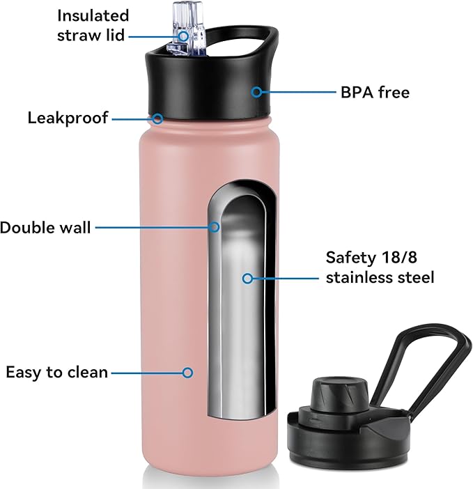 VEGOND 32 oz Insulated Water Bottle Bulk Stainless Steel Metal Water Bottles with Leak Proof Straw Lid & Spout Lid, Wide Mouth Double Walled Vacuum Travel Sports Bottle, 8 Pack