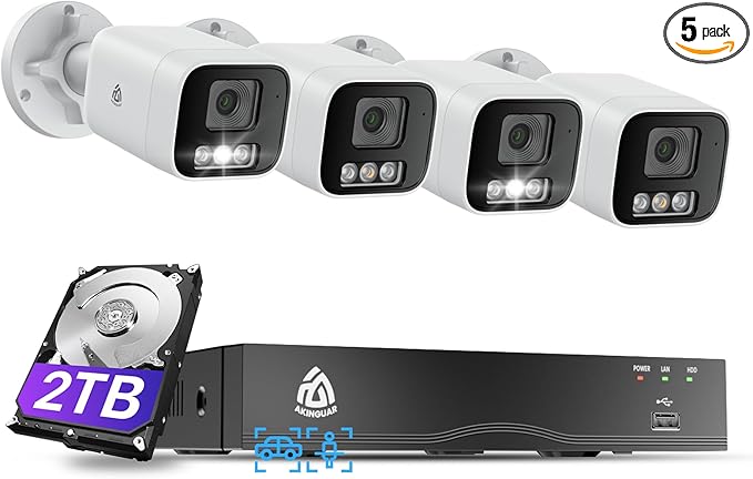 Smart 4K 8CH Home Security Camera System, 4pcs Wired PoE IP Cameras Outdoor with Person/Vehicle Detection, 8MP/4K 8CH NVR with 2TB HDD for 24-7 Recording, Full Color Night Vision, 2-Way Talk