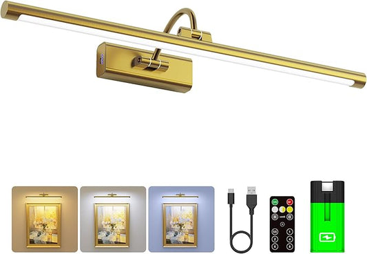 24" Picture Frame Light with 1pcs Extra 8000mAh Battery - Brass Cordless Rechargeable Wall Sconce with Remote for Office, Hallway & Large Art