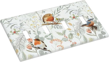 Light Switch Covers Red Floral Berries Colorful Bird Plant Quad Toggle Electrical Faceplate 4 Gang Wall Plate Decorative Switch Plates For Bed Room Living Room Decor