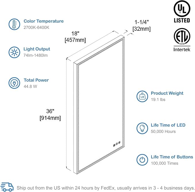18x36 Inch LED Bathroom Mirror with Matte Black Frame| Wall Mounted Backlit Vanity Mirror with Lights | Anti-Fog, 3 Color Dimmable Smart Bathroom LED Mirror | Frame Vanity Mirror for Makeup