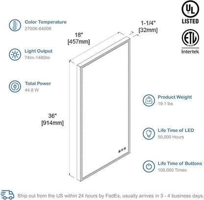 18x36 Inch LED Bathroom Mirror with Matte Black Frame| Wall Mounted Backlit Vanity Mirror with Lights | Anti-Fog, 3 Color Dimmable Smart Bathroom LED Mirror | Frame Vanity Mirror for Makeup