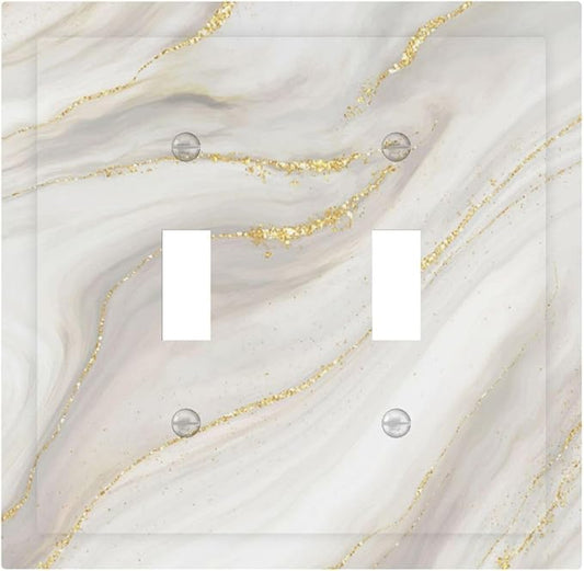 White Grey Gold Marble Simple Tiles Decorative Switch Plates 2 Gang Double Toggle Outlet Light Switch Cover Wall Plate Electrical Faceplate for Bathroom Kitchen Decor