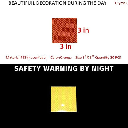 Non Fading Orange Reflective Stickers 3 inch X 3 inch, Outdoor Waterproof High Visibility Warning Safety Adhesive Reflector Tape (20 Pcs)