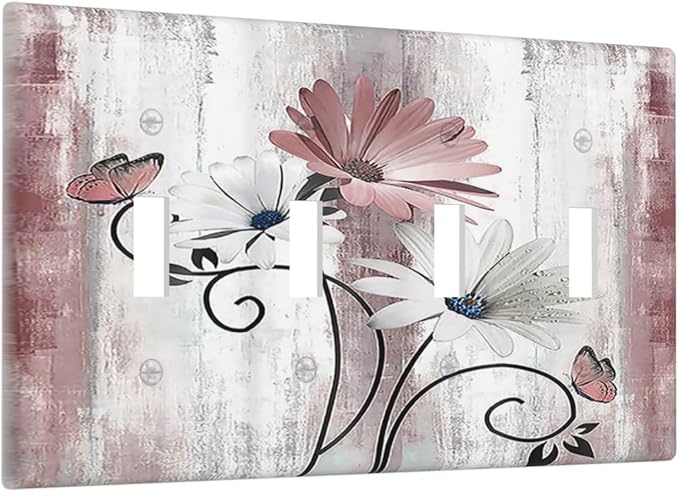 Light Switch Covers Pink White Daisy Butterfly Wood Grain Quad Toggle Electrical Faceplate 4 Gang Wall Plate Decorative Switch Plates for Farmhouse Bathroom Decor