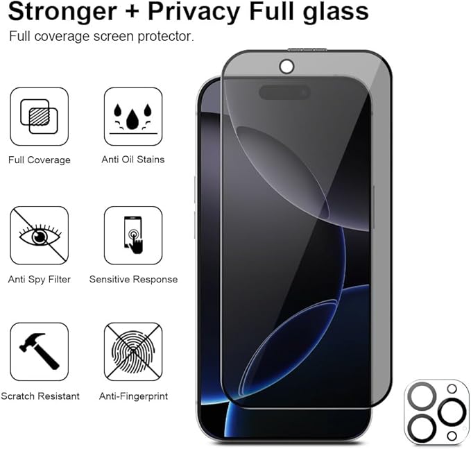 3 Pack for iPhone 16 Pro Max Privacy Screen Protector + 2 Camera Lens Protector 9H+ Tempered Full cover Glass 12FT Military Grade Shatterproof Anti Spy Auto Alignment Kit