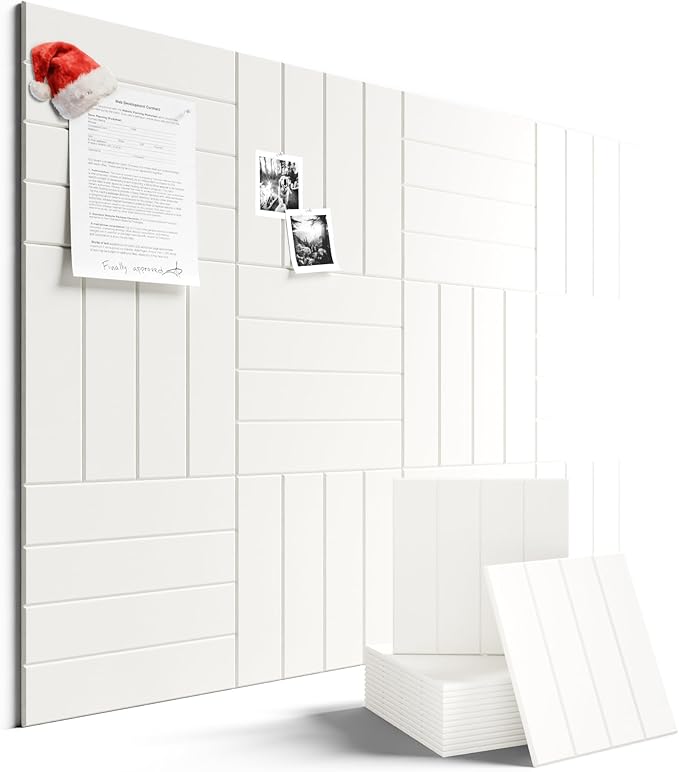 Felt Bulletin Board Tiles Large 48" x 36" Cork Board Alternative-12 Pack with 70 Adhesive Tabs, Thick Slat Wall Panels for Office Decor, Push Pin Board Wall Organizer Alternative-Milky White