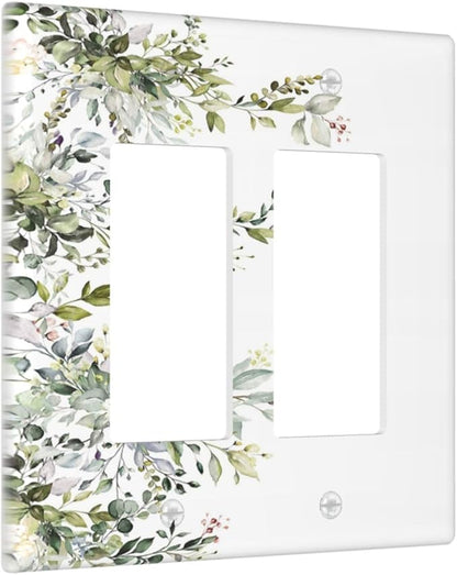 Decorative Outlet Covers Rustic Eucalyptus Leaves Green Leaf 2 Gang Light Switch Cover Plate Double Rocker Wall Plate Switch Plate Covers Faceplate for Bedroom Home Decor （2 Pack）